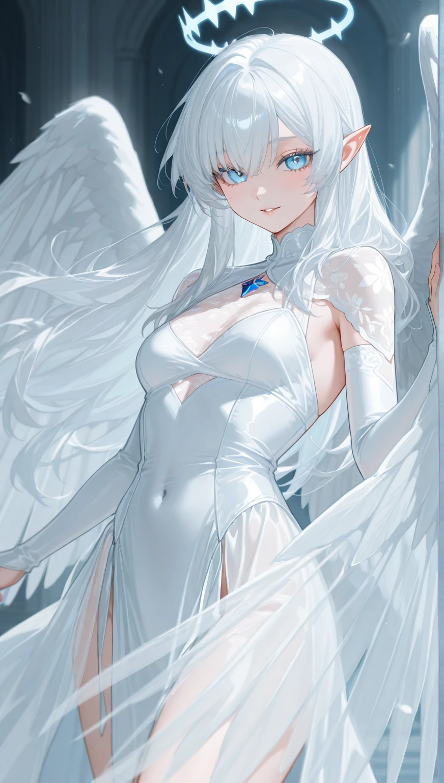 Masterpiece, Highest quality, (seulement focus), (visage parfait:1.1), (High detail:1.1),dramatique, (an alluring albino angel guy with long flowing pure white hair and piercing yeux blancs),1gars, (pale skinned), cheveux longs, yeux blancs,  seulement, cheveux longs, lune, Nuit, Costume de luxe blanc, couvert navel, pouty lips, couvert, Ville futuriste, detailed background, Art par Artgerm Cinematic Lighting, roses et vignes, mode, BalenciagaStyle