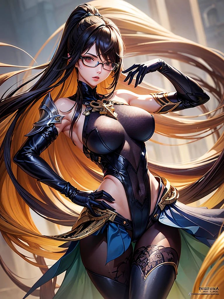 masterpiece, best quality, 1girl, mona (genshin impact), twintails, long hair, witch hat, pantyhose,gloves, black hair, choker, jewelry, cape, gold trim, blue leotard,earrings, detached sleeves, star (symbol), hat ornament, blue eyes, fur collar, parkle print,grey background, kbxll,detailed face, detailed eyes detailed hands, full body, detailed Hands