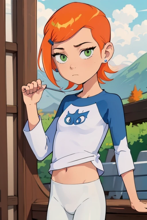 (masterpiece), best quality, very detailed, 1 woman (Gwendolyn_tennyson, beautiful face, chest, orange hair, Short hair, green eyes), , attractive face, laugh, alone, long sleeves, navel, belt, blue shorts,숲속at, standing, teasing sexy waist, 그녀의 보지at 사랑의 주스가 흘러나온다, ~at_Under