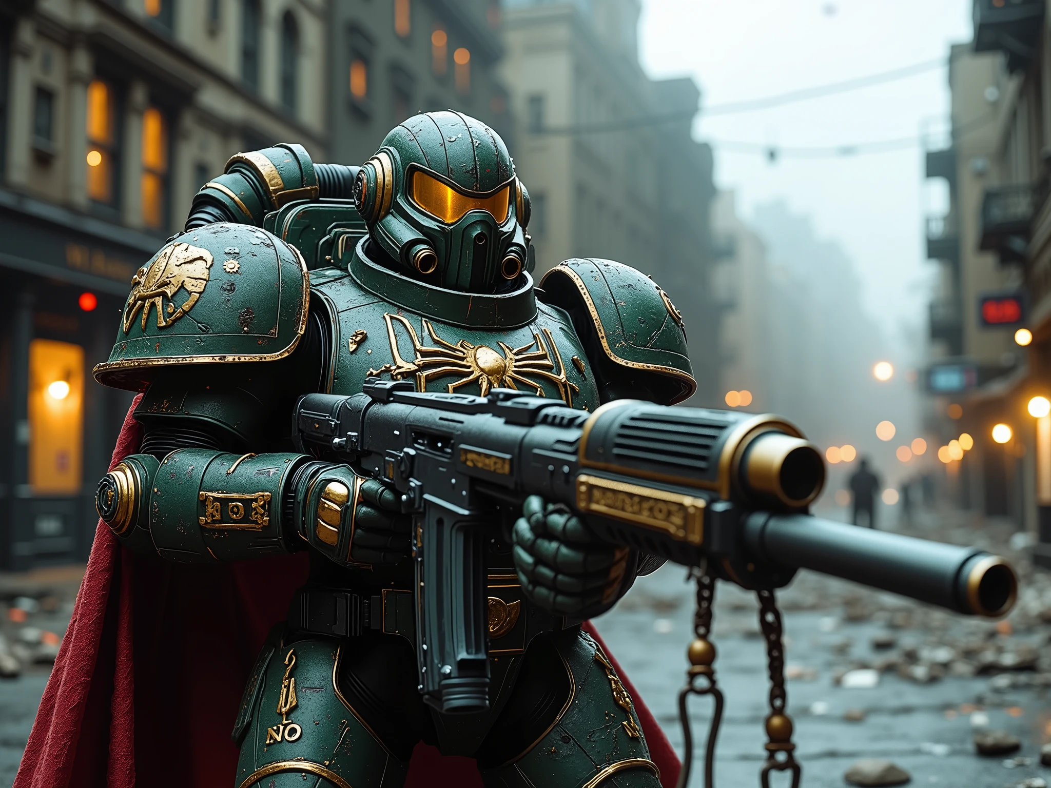 Cinematic action scene, HUD vision view, Light Yellow mix green vision view, battleruins city, Dystopian city, trench warfare, iron mesh, battle bunker, battle info screen.
Midground View: The hyper detail, armed supperhero, the astartes Spiderman with metallic, Strengthen futuristic inspired uniform, mix the wwi Storm trooper style, the cape, the gas mask, SPIDER emblem on chest, aiming decoration wwi gun. standing on the street in chaos dystopian battlefield city background at dawn. His helmet is marked with runes, gun hangs on hand, glowing faintly with enchanted, golden runes. detail background, straight on angle shot, Full body shot, closed-up, ultra-realistic 32k resolution, official art styled digital painting, intricate armor engravings catching realistic dim lighting, film grain texture overlay, reversal film effect, high quality, detailed realistic background with scattered futuristic debris, shadowed craters, misty atmosphere, cinematic.