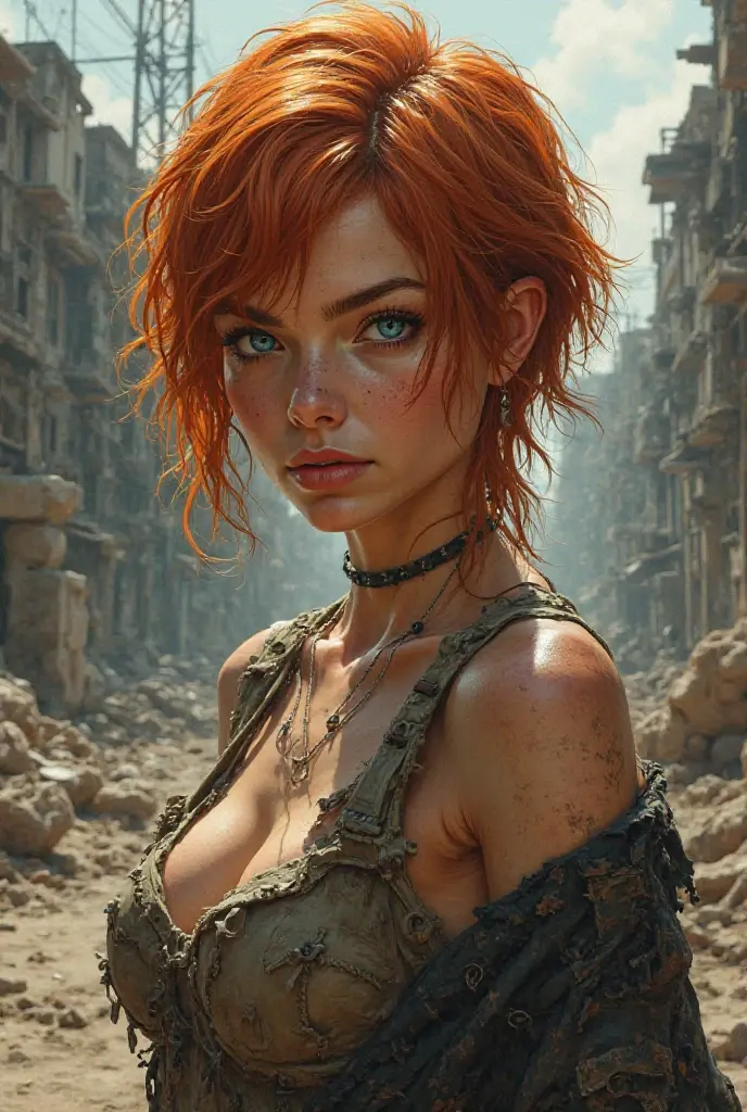 downblouse, female soldier, eye contact, looking at viewer, nipslip, professional photography, close-up, outdoors, bokeh, ruined city, post-apocalyptic, crumbling buildings, by Steve McCurry, by Lee Jeffries, by Jeremy Mann, ligne claire illustration by Jean-Pierre Gibrat, (by Roy Krenkel:0.5), green eyes, ginger hair, updo, hair ornament