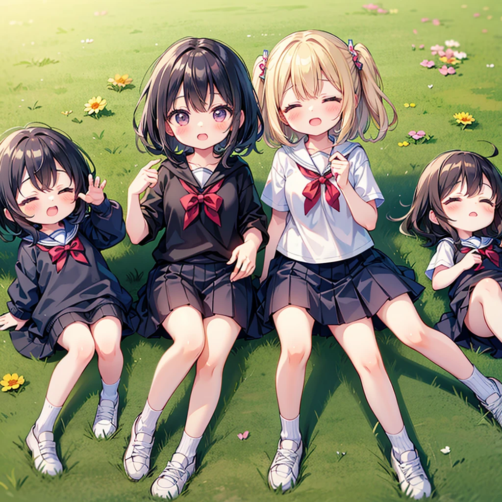 girls were sitting on the stone steps, white pantie、she was wearing a short sweatshirt, Vans sneakers, Red checked skirt、white sneakers, black hair, detached house, flowers,Happy girl with round faceies,Only one big breast