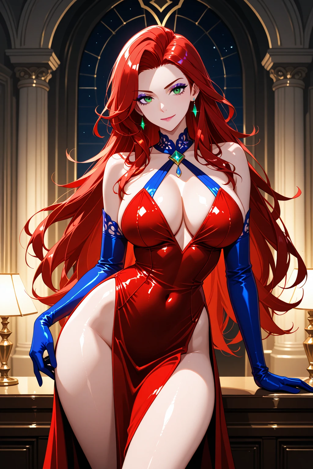 score_9, score_8_up, score_7_up,
1girl, alicia viewstream, blond hair, long hair, wavy hair, parted bangs, red eyes, wine, looking at viewer, smirk, detailed face, evening dress, red long dress, bare shoulders, red elbow gloves, large breasts, thighs, necklace, intricate luxury room, window, cyberpunk city, rain, night, city lights
