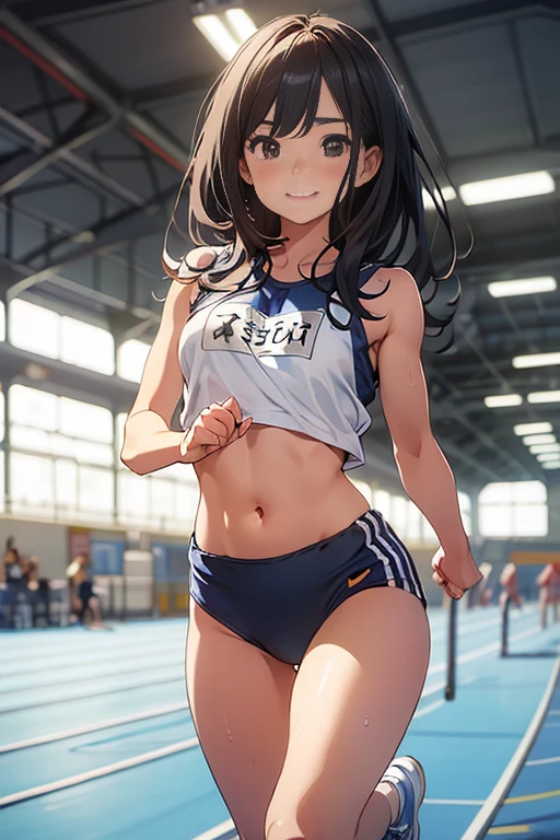 (masterpiece,Highest quality:1.3,best quality illustration),cowboy shot,1woman,20 year old Japanese beauty,((very small head:1.4)),Long brown hair,bangs,brown eyes,gorgeous eyes,blush,smile,small breasts,((very long body:1.4)),(toned body,slender body,skinny,tan skin),(Navy blue sports bra、navel、Dark blue sports shorts),gleaming skin,shiny skin,(sweat:1.3),standing,Arena、Tokyo、