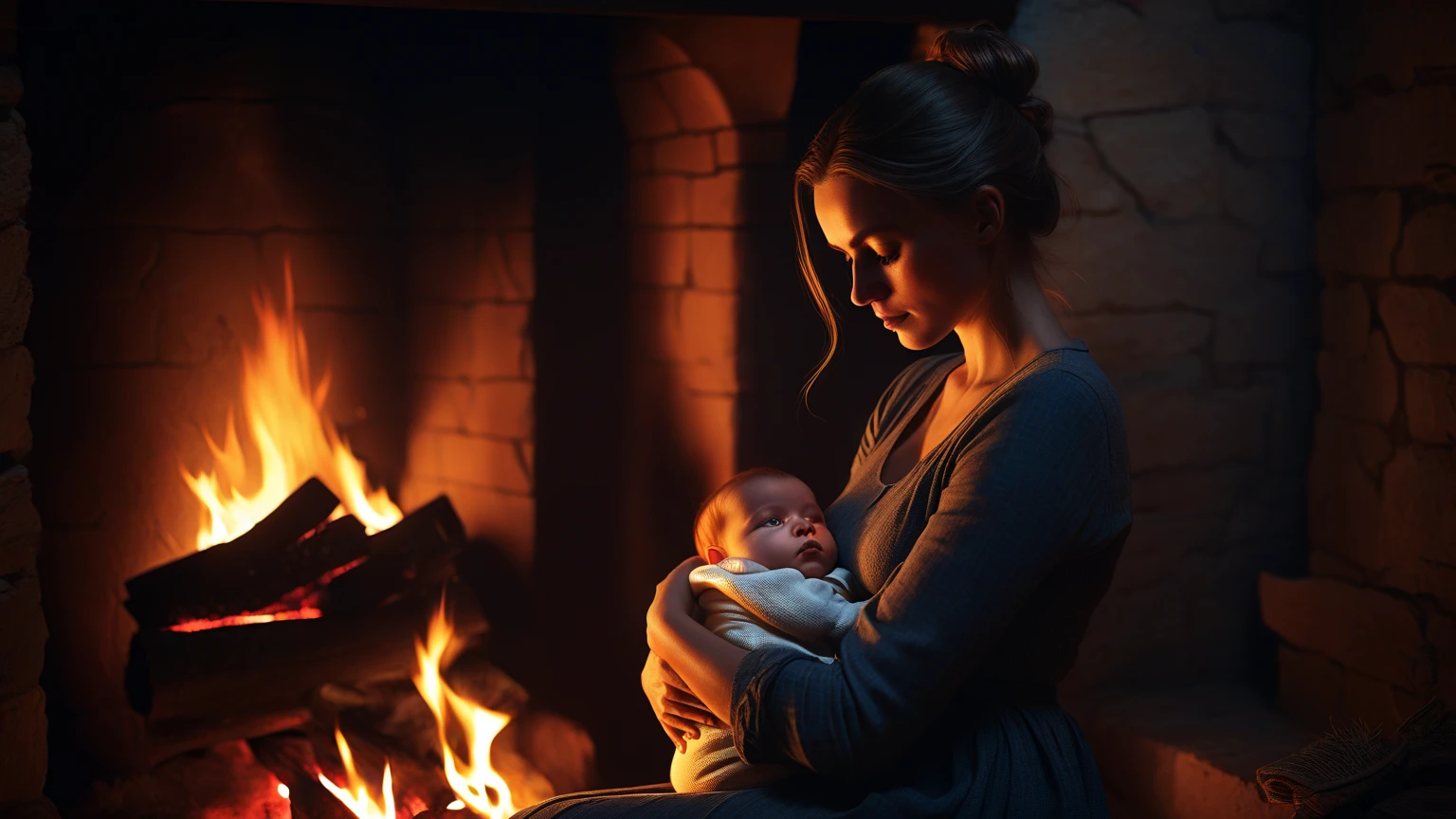 Mother and little daughter, Welsh women of ancient times, feed a fireplace in a stone house with sticks. Please, hands perfects