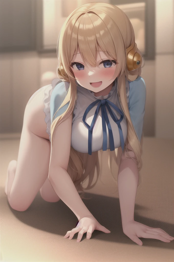 1girl,kokonoe rin,twin tail,(white panty:1.3),(short stature),flat chest,skinny,open mouth,evil smile,blush,(((raise ASS:1.3))),(ass focus,from behind:1.3),(looking back,all fours:1.3),(cameltoe:1.3),top-quality,Top image quality,perfect anatomy,masterpiece,ultra-detailliert,Beautiful、ultra-quality, best quality,high resolution, ultra-detailed,game cg,dutch angle ,beautiful detailed eyes, visualart,five fingers, perfect hands,NSFW,panties pull,