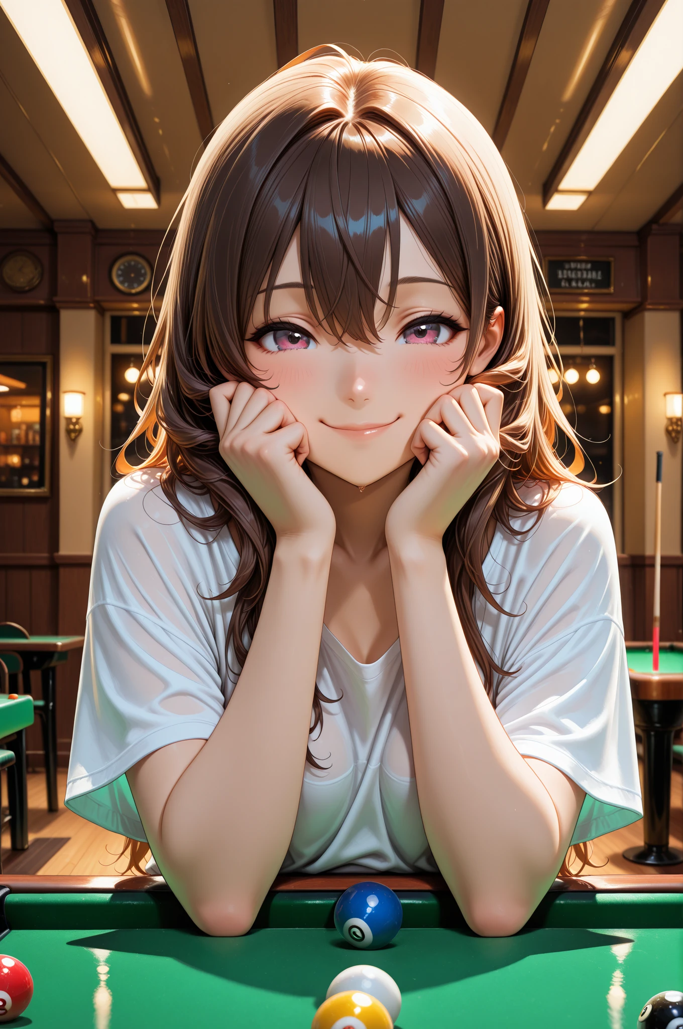((((, , Perfect Anatomy, Highly detailed skin)))), 1 Girl, Japanese, 14 years old, White skin, Shiny skin, large chests:0.5, Take in the view, (smile:1.5), 
Beautiful attention to detail, (Mid-length hair:1.1, Half Up:1.5), , Beautiful clavicle, Baby Face, , chest, Mole under the eye, Perfect hands, Detailed fingers, 
((Pink Bunny Girl)), 
(Beautiful views), Daytime, , (Inside the bar room:1.5), ((Chair, drinking)),  
(8K, Highest quality, Masterpiece​, Super detailed, ), (Realistic), figure, Cinema Lighting,
