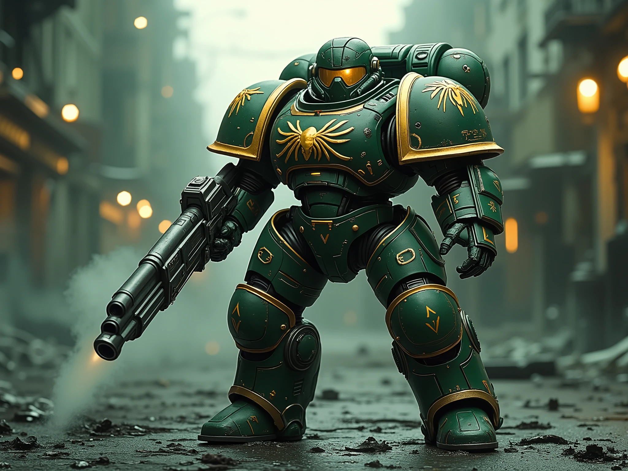 Cinematic action scene, HUD vision view, Light Yellow mix green vision view, battleruins city, Dystopian city, trench warfare, iron mesh, battle bunker, battle info screen.
Midground View: The hyper detail, armed supperhero, the astartes Spiderman with metallic, Strengthen futuristic inspired uniform, mix the wwi Storm trooper style, the cape, the gas mask, SPIDER emblem on chest, aiming decoration wwi gun. standing on the street in chaos dystopian battlefield city background at dawn. His helmet is marked with runes, gun hangs on hand, glowing faintly with enchanted, golden runes. detail background, straight on angle shot, Full body shot, closed-up, ultra-realistic 32k resolution, official art styled digital painting, intricate armor engravings catching realistic dim lighting, film grain texture overlay, reversal film effect, high quality, detailed realistic background with scattered futuristic debris, shadowed craters, misty atmosphere, cinematic.