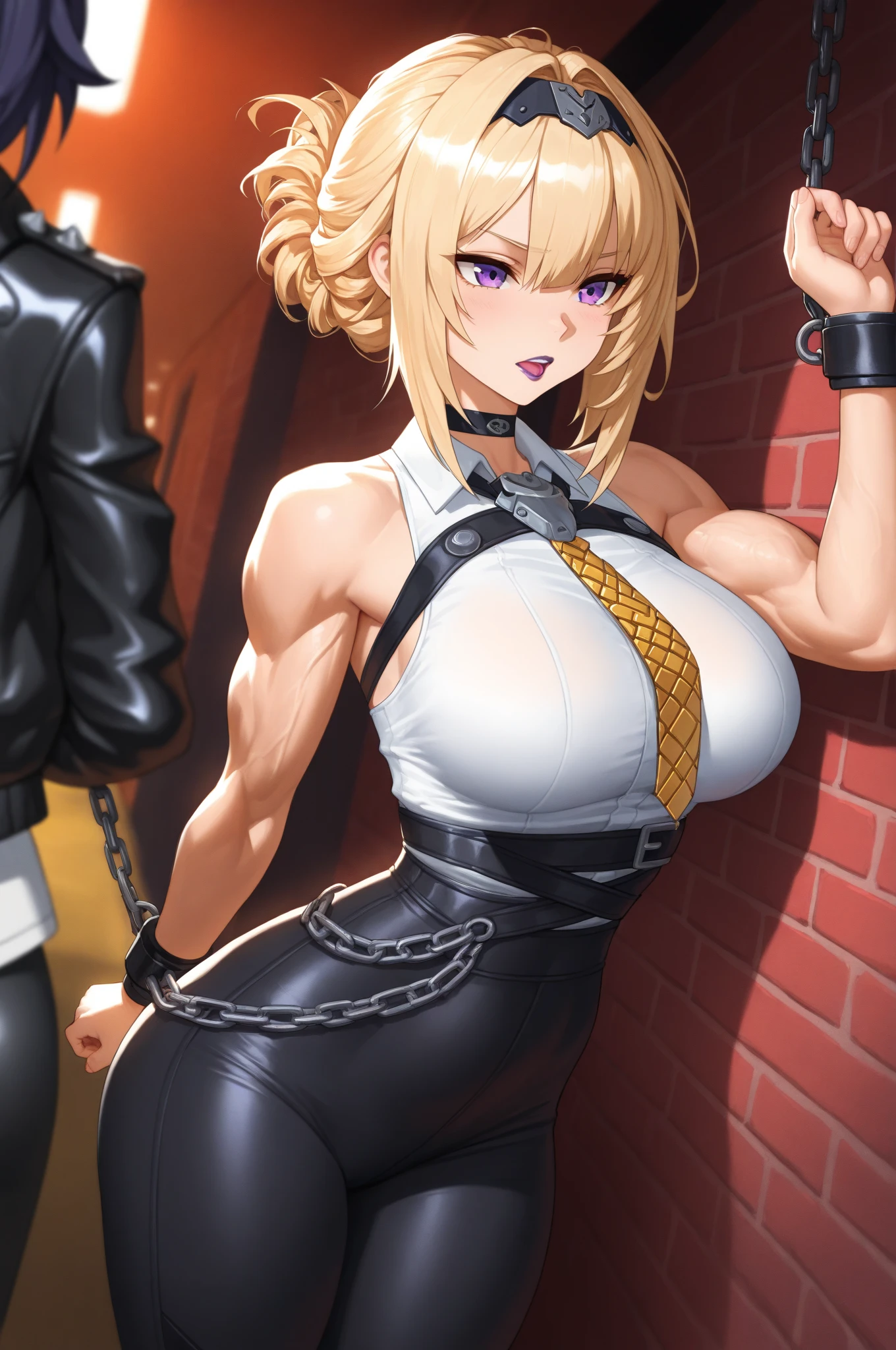 source_anime, rating_explicit, score_9, score_8_up, score_7_up, blonde_hair, goth, gothic, short_hair, looking at viewer, crop top, skirt, thighhighs, black clotges, hellsing, seras Victoria, goth girl, ikuchan, rape face, sinister, scheming, green eyes, smirk, standing, indoors, bedroom, fancy wallpaper, 1boy, cuckold, large male, ((size difference)), male head out of frame, front view, light skinned male, pale skinned male, ntr, netorare, standing side by side, standing, giant penis, duo, penis, huge penis