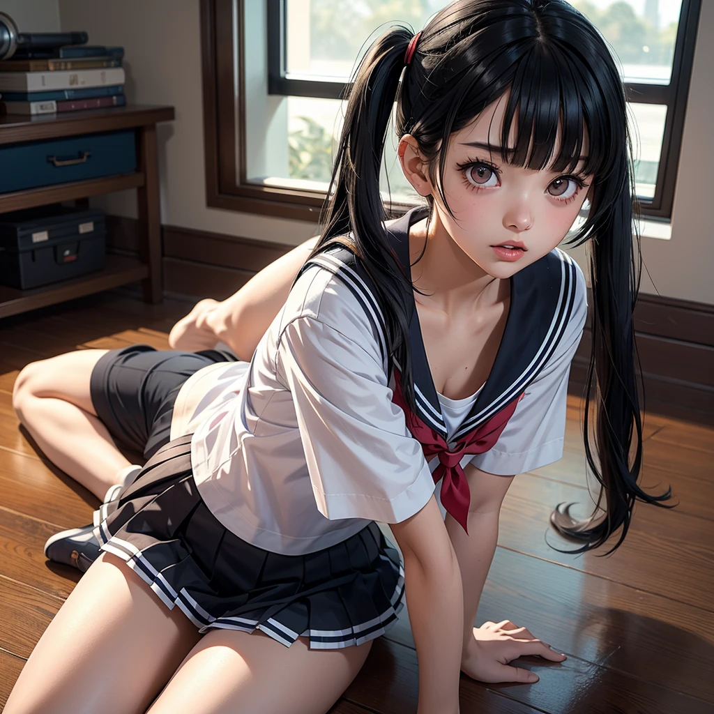 (masterpiece, best quality:1.2), a hyperrealistic schoolgirl, solo, 1girl, yukinoshita yukino, (shiny skin, wet skin:1.2), sweating, slight smile, looking at viewer, on all fours, school uniform, white shirt, plaid skirt, thighhighs, afternoon, classroom hyperrealistic schoolgirl