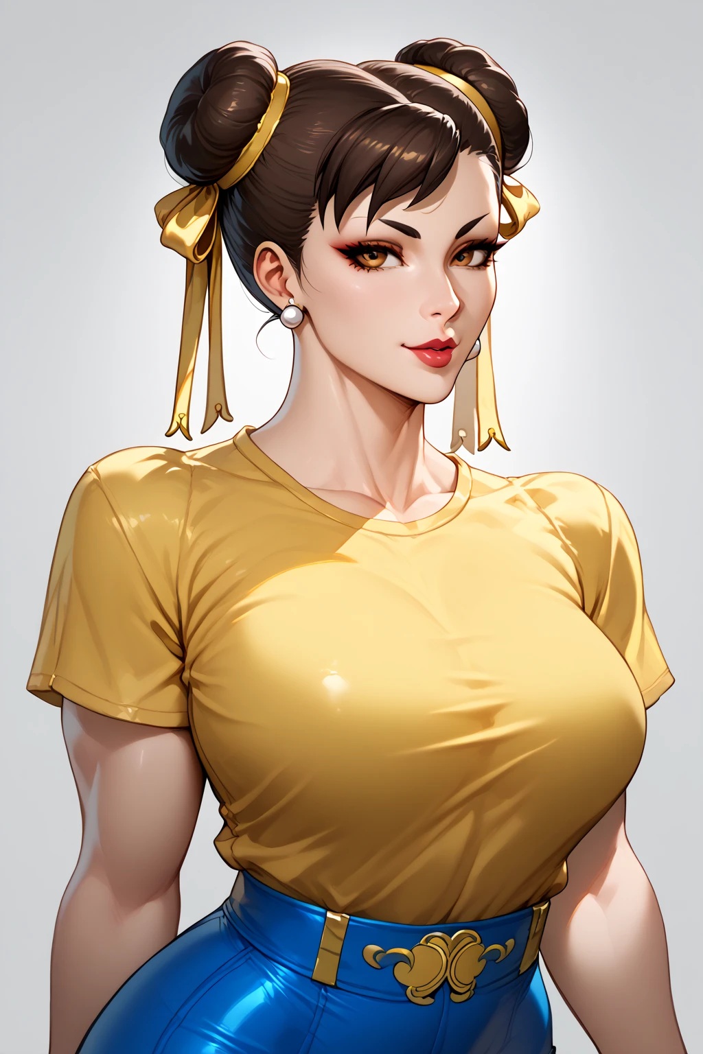 Tifa lockhart, implanted Big breast, ((long sleeve thin yellow dress that show body curve with a cleavage)),Game,1girl,Jewel ring,Gold chained round shape necklace,Hoopa earring,Bracelet,Big cleavage,topknot hair bun,((Beehive Bun style)) ,black hair,Curvy figure,Unnatural big breast,Cleavage,black color long nail,Swaying hip,Head to waist view,Sculpted calves figure,Thick tights,Wide hips,very big cleavage,Enchanced big breast,((Diamond wedding ring)),Aristoticat ring, Detailed eyes,Busty,don corneo mansion,Madam tifa,View from front,dangerous cleavage,semi sweetheart cleavage,Solo,looking at you,Dignified expression,Show off cleavage,detailed hands,Detailed eyes,Gaze on viewer,Curvy figure