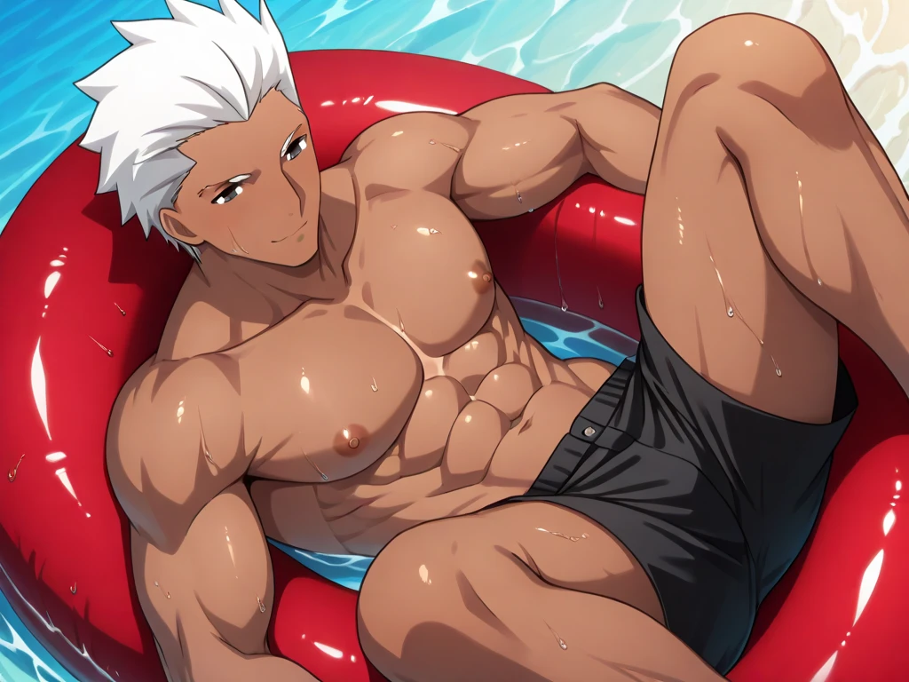 wide shot, score_9, score_8_up, score_7_up, score_6_up, score_5_up,super fine illustration, source_anime, anime screencap, handsome teenage boy, 18 years old, Caucasian, fluffy hair, smooth, small waist, sitting on a yacht in the middle of an italian lake, yauct, relaxed, candid, small swimming trunks, bulge, striking lighting, raw,(skin imperfection),RAW photo, perfect eyes