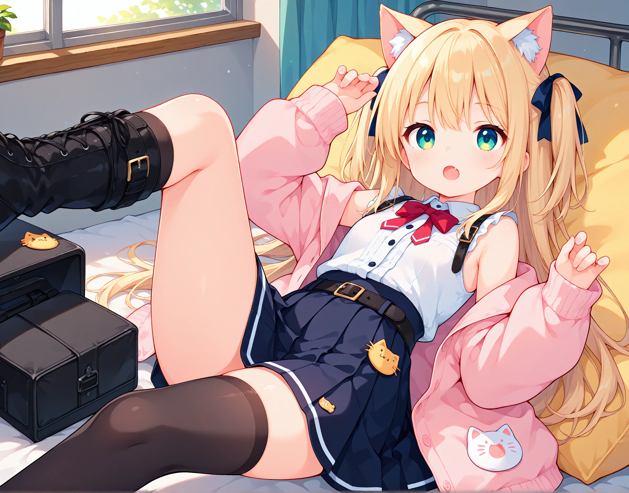 (masterpiece, best quality:1.2),illustration,8k,hd,1girl,solo,upper body,(portrait:1.2),concord (azur lane),long hair,blush,fringe,breasts,blonde hair,hair between eyes,red eyes,sitting,animal ears,pleated skirt,cat ears,off shoulder,arm support,mole,open jacket,no shoes,mole under eye,symbol-shaped pupils,thighhighs,skirt,black thighhighs,jacket,headphones,bell,jingle bell,headset,cat ear headphones,<lora:Concord(azur)>,