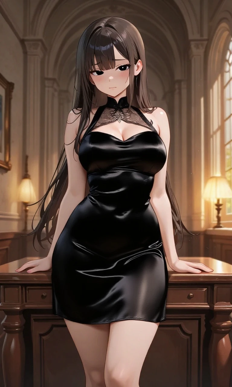 (masterpiece, Highest quality, High resolution, Super detailed, Highest quality), Detailed body, Detailed face, Detailed Red Eyes, Shy, Tight waist, Black ponytail hair, sexy maxi dress, bedroom, hips up, ((standing)), (collar), (30 years old), stockings