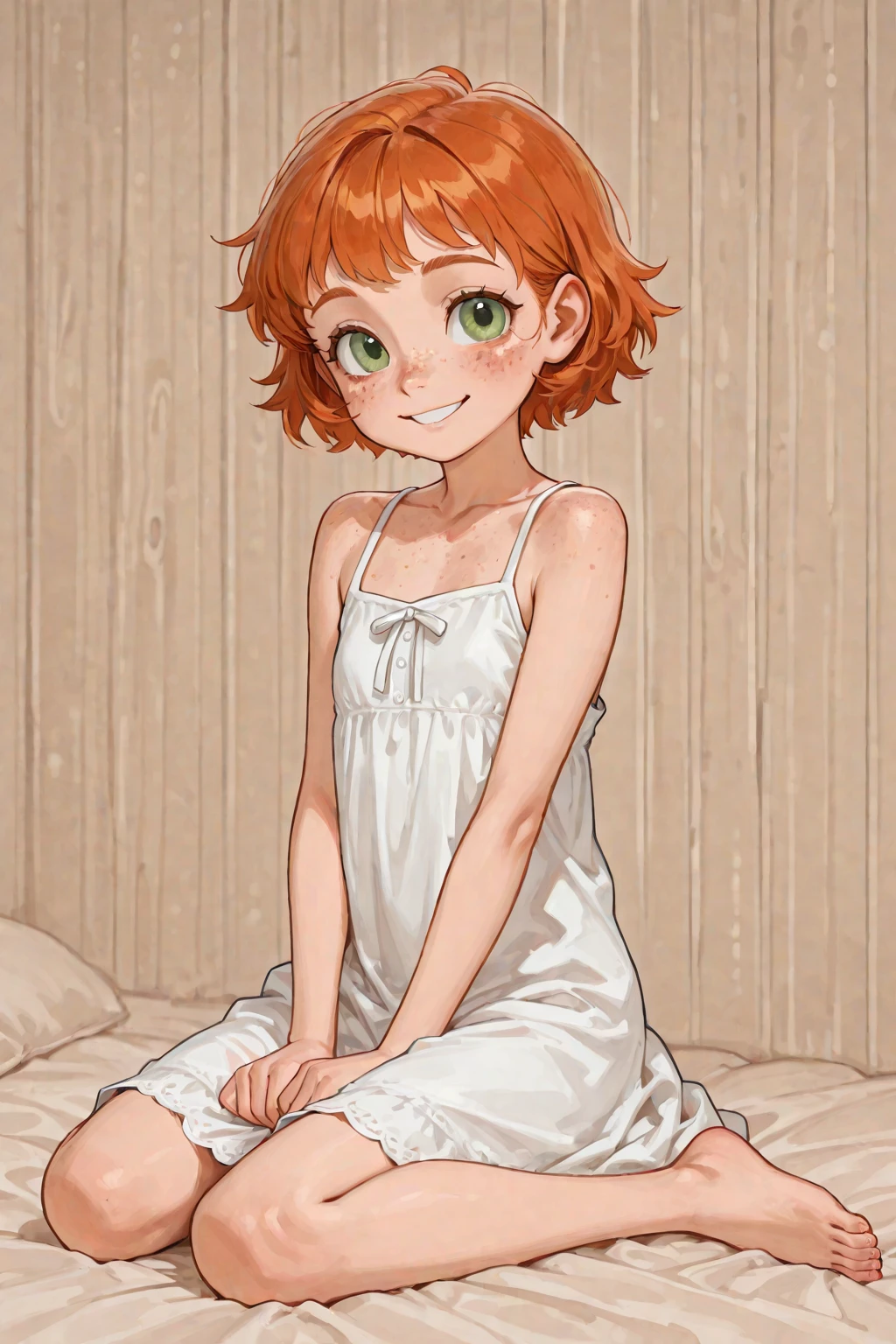 (masterpiece, best quality), 1girl(beautiful face, gwendolyn_tennyson, breasts, naked body, orange hair, short hair, green eyes, half-closed eyes),detailed face, a come-hither face, parted lips, solo, , , see-through nightgown, in the bedroom, night time, standing , come-on, lure, top view