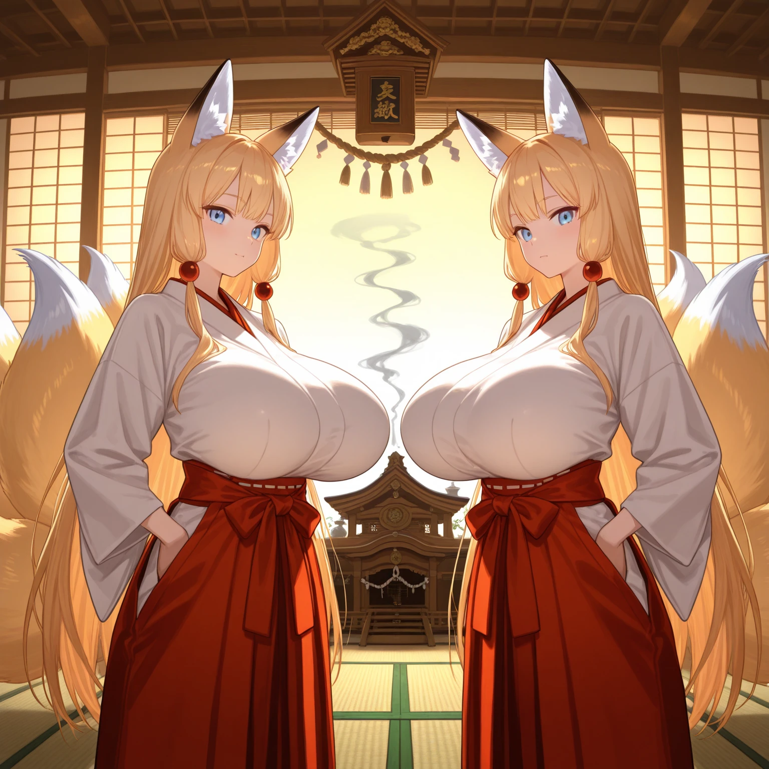 Highest quality、Two Girls,27years old,45years old, Mature Woman, Mature Woman, Japanese-style room、Tatami room、Sliding doors、Dark room、Voluptuous body, Huge breasts, Saggy breasts, Wide Hips, Vermilion Kimono、yukata、 barefoot, Cleavage, Are standing, Blonde Nine Tails, smile, Short blonde, Red eyes, at night, 8K, masterpiece、milf、Fox Ears、Lantern、Sliding doorsを開けて迎え入れる、Sexy look、spoken heart、(breast focus:1.1)、mature female、gleaming skin、naughty face、heavy breathing、One eye is covered by hair、hair over one eye 、cheek-to-cheek