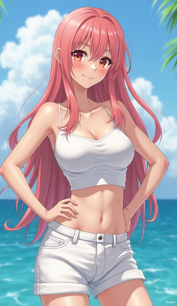 zero two, white gown, medium breast, navel, slim legs, sunny day, Beach, leaning, beautiful eyes, green eyes, nervous, skirt