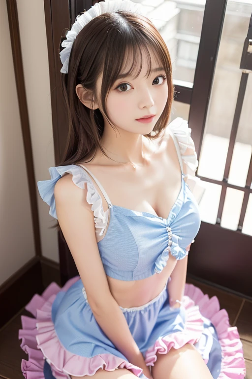 Gorgeous frilly outfit、8k、Embarrassed face、Depiction from diagonally below、See-through
