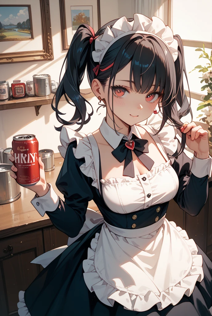 (animated art style:0.5), 2d, masterpiece, Best Quality, very aesthetic, absurdities, dynamic shadows, atmospheric, ellen_Joseph, genshin impact, (1 girl), (Alone), (black fur), short hair, red locks, Red eyes, decolaed eyes, mole under the eye, hair between the eyes, hits, medium breasts, Curvy body, make up, cola, fish cola, black pantyhose, rhombus pattern pantyhose, Spiked choker, spiked bracelet, spiked headdress, x hair ornament, ear piercing, red nail polish, maid, maid headress, White apron, black dress, puffy short sleeves, covered clavicle, black heels, split skirt, (sexy smile), (cowboy shot), hands on one's chest, (open legs), looking at the viewer, (White background), (simple background)