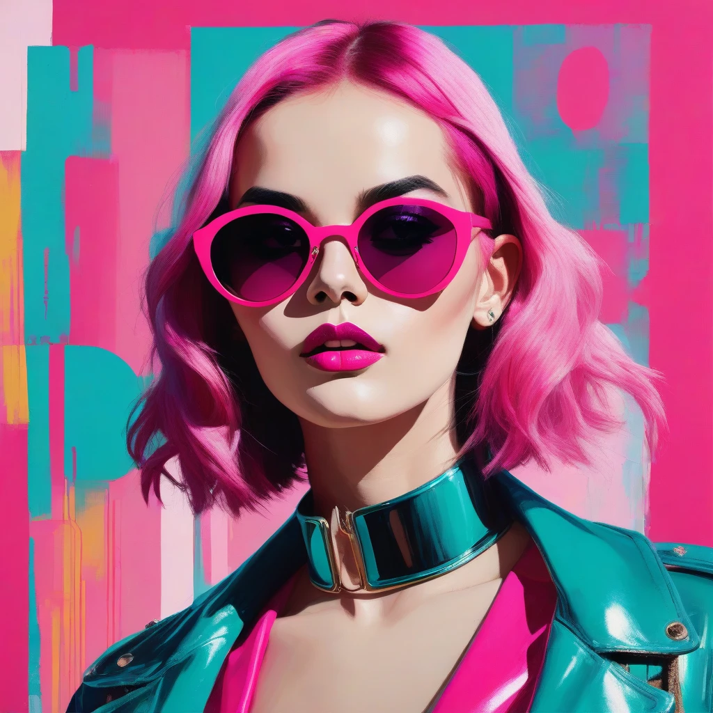 (1girll）wearing a choker，with tattoos, sunglasses, Black leather jacket,Psychedelic punk artist，Vivid colors, rim-light, trending on artstationh, Yayoi Kusama's pop art style, iintricate, High detail