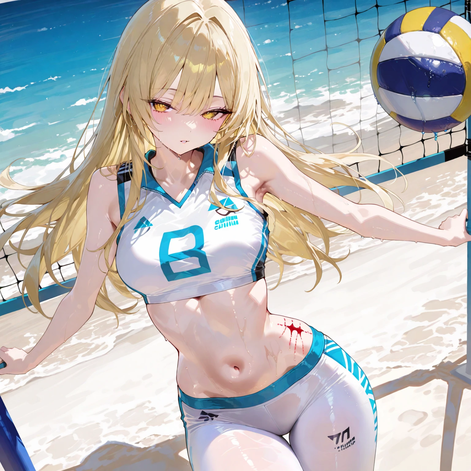 Beach Volleyballをするパステルビキニを着た美しい若い女性、Beach Volleyball:1.6、Beach ball、Very detailed、One girl、Anime Style、Smooth porcelain skin、Long, slender legs、Toned body like an athlete、Long flowing hair、Detailed facial features、Beautiful Eyes、Lush tropical beach background、Palm tree、Ocean Waves、Golden sunshine、Dynamic action poseasterpiece、Very detailed、8K、Bright colors、Natural lighting