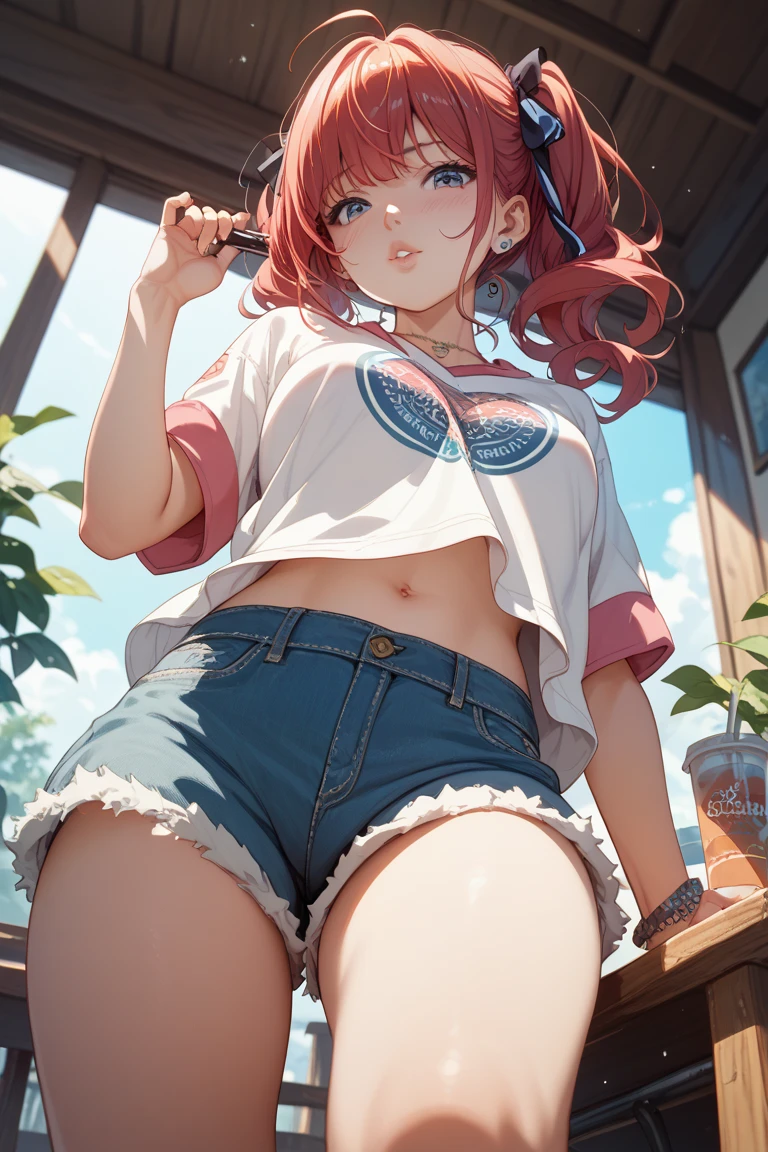 [nino nakano, short hair, bangs, blue eyes, hair ornament, hair ribbon, pink hair, blunt bangs, two side up, butterfly hair ornament, large breasts], 1girl, anime girl, anime, 2d girl, (fullbody), standing, anime girl, ((blowing kiss to viewer)), heart, Solo, Slim, Tight Shorts, low waist shorts, upshorts, The night background, in front of beach house, distant mountain in the background, stars in the sky, looking at viewer, darker shadows, (((explicit))), (((shorts))), (((absurdres))), (((thigh gap))), cameltoe, (((cameltoe))), (((cleft of venus))), (((pussy outline in shorts))), (((pussy contour in shorts))), (((lowleg shorts))),