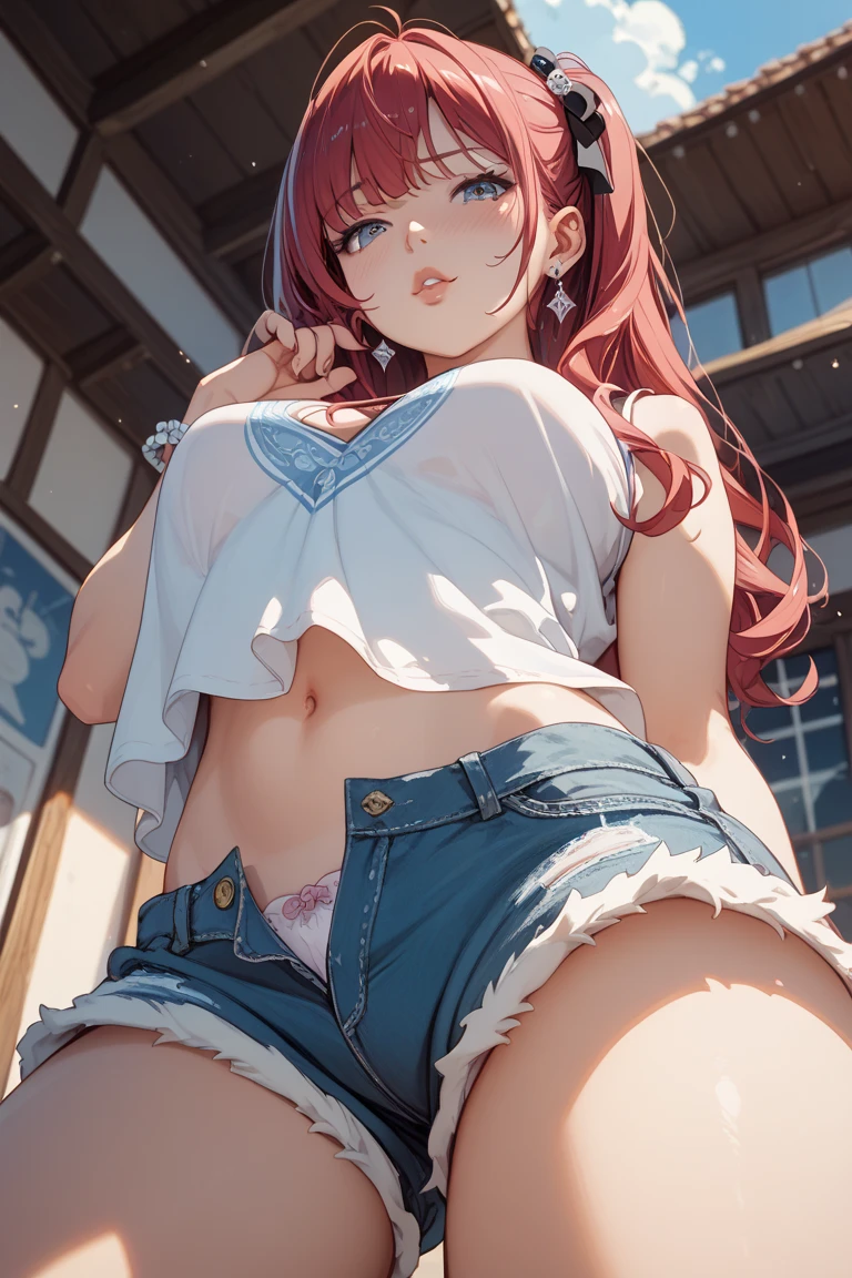 4K masterpiece, high quality, (realistic:0.8), Shibari, BDSM, rope, nsfw, gorgeous background, perfect ???????, deep shadow, ((tied arms)), ((tied legs)), solo, 1girl, arms up, hands behind head, spread legs, lying, beautiful big breasts, nose blush, despairing, tearful eyes, confident smile, long red hair, dynamic pose, dynamic angle, bare midriff, sleeveless red shirt, BDSM, ((Yuzuriha) (UNI)), crimson eyes, perfect body, undressed, denim pants