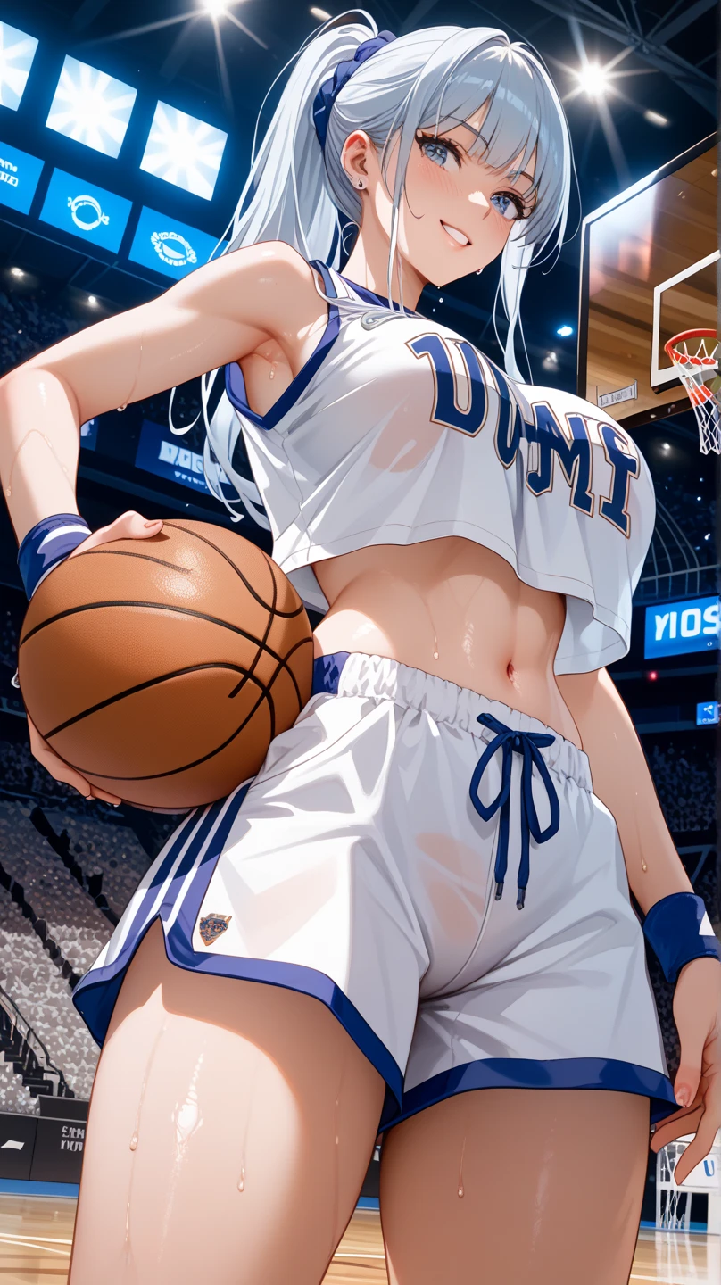 (best quality, masterpiece), 1 girl, centaur, It takes, White skin, Korean , basketball player, exposing the abdomen,belly button t-shirt, 아름다운 소녀 perfect white tiger photo, perfect white tiger photo