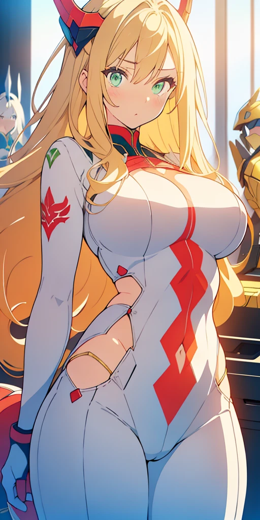 Create a beautiful girl with big breasts, green eyes and light blonde hair wearing a tight-fitting jumpsuit with white and red stripes and an Autobots-style dragon symbol. (obra-prima: 1.2, melhor qualidade), (olhos bonitos finamente detalhados: 1.2), uma menina com um rabo de cavalo