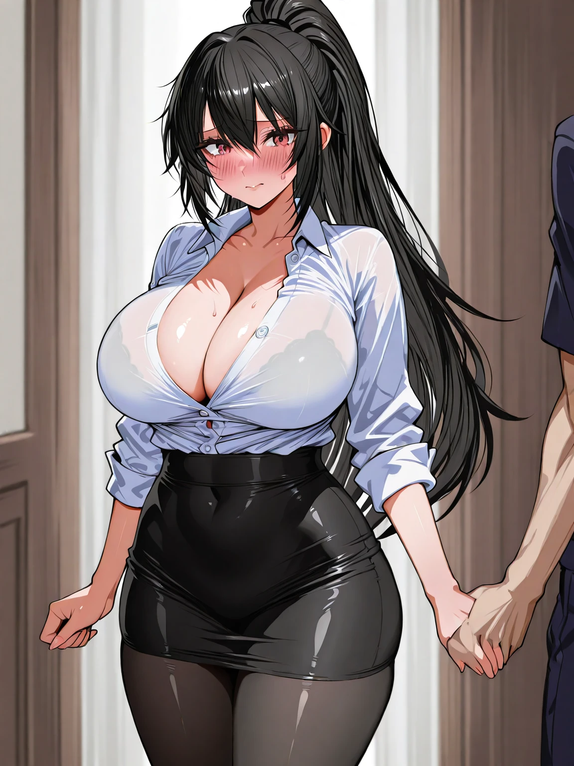 ((super high quality,))((Ultra-high resolution,))(16K,)(super masterpiece,)((Ultra HD ,))(Detailed shading,)One sexy married woman,Office Lady,One naked muscular man,((popped Tight collar White shirts,))Unbutton the third button,Black tight skirt,Glasses,blush,Ahegao,necklace,wedding ring,Sweaty,Flowing Love Juice,A man hugs her from behind,