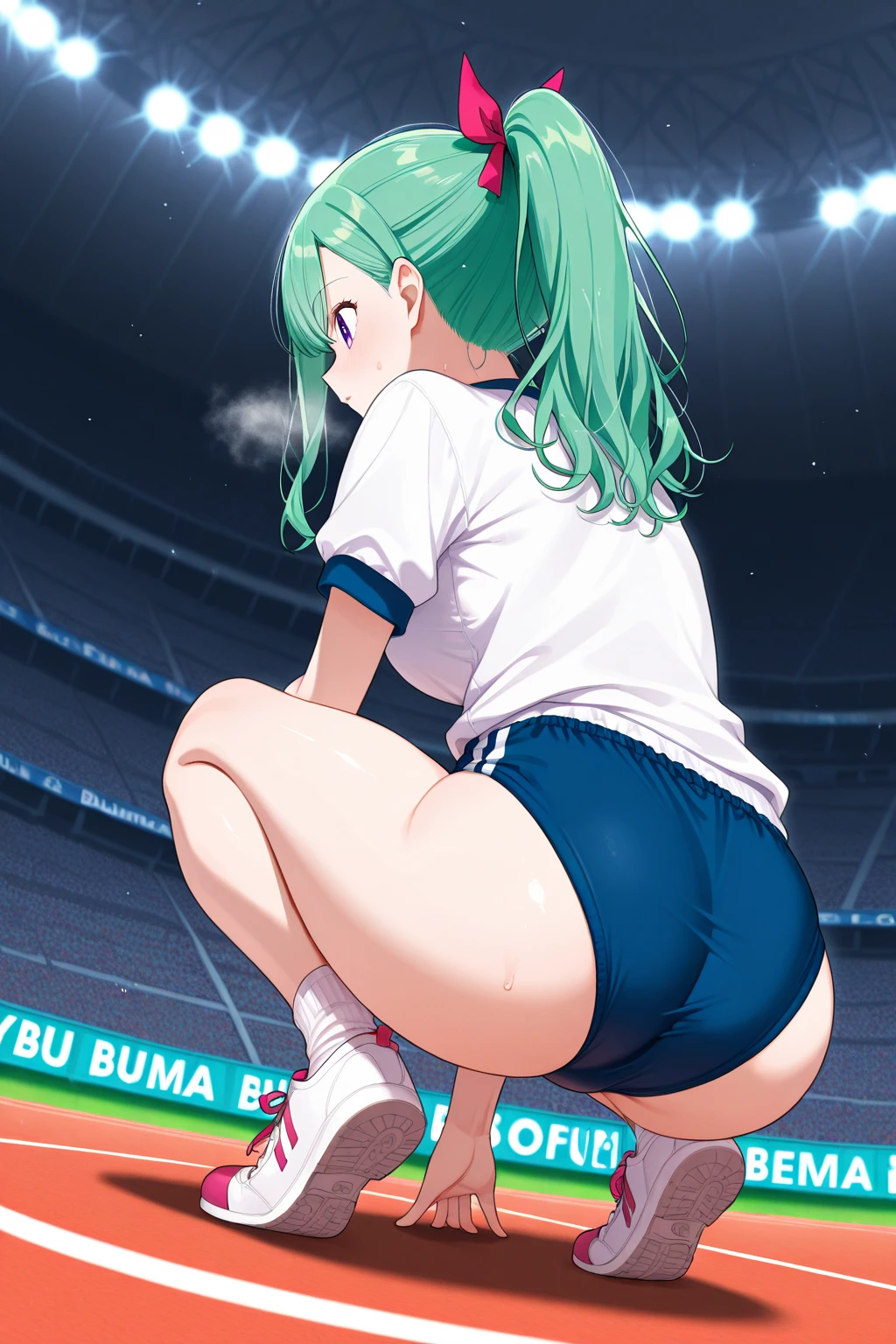 green hair,green eyes、very angry、tears、blush、(collar),(lead)、elementary school girl、((flat chest))、large bulging nipples、((big pink areola,))、(((squat, spread your legs)))、naked、(((10 years old)))、lolicon、 body shape、With a big head 、thin legs、low length、((shining outline))、(((masturbation)))、(((stadium full of spectators)))、blue sky、(((A large amount of white love juice drips from the pussy.)))、((Open mouth and white semen drips))、Puddles under the crotch、my pussy is licked by a man、