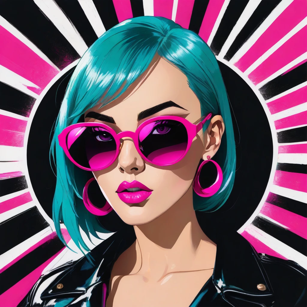sharp background, A circular portrait in bold pop art style of a confident woman with hot pink hair, wearing oversized teal sunglasses. The left lens says “I DON’T” and the right lens says “CARE” in bold white uppercase text. She has bright pink glossy lips, golden hoop earrings, and is making a shushing gesture with a manicured finger touching her lips. Strong comic book-style shading, high contrast, white-gray skin tone, center composition, clean black background. Vibrant colors and sharp lines. Perfect symmetry inside a circle frame.