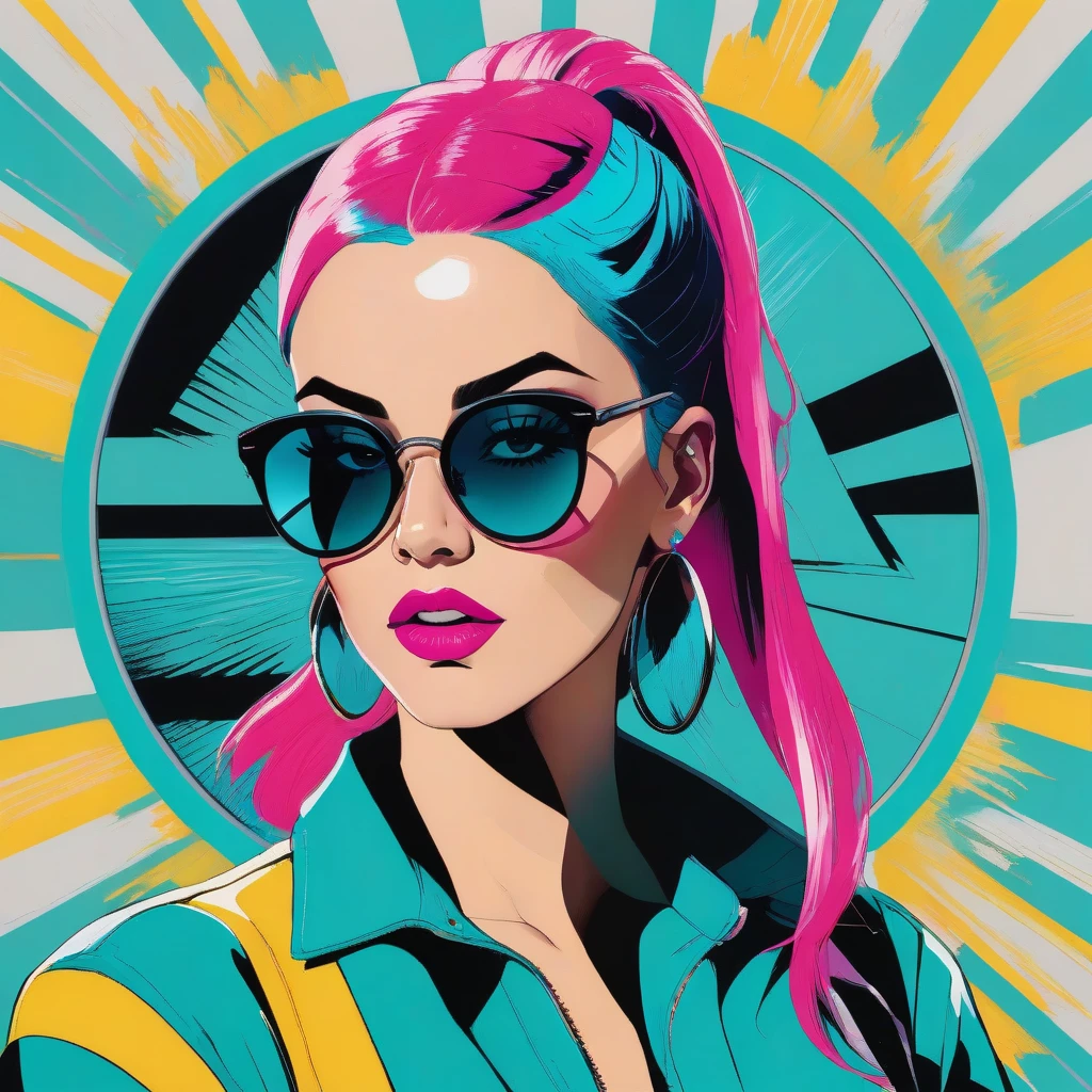 sharp background, A circular portrait in bold pop art style of a confident woman with hot pink hair, wearing oversized teal sunglasses. The left lens says “I DON’T” and the right lens says “CARE” in bold white uppercase text. She has bright pink glossy lips, golden hoop earrings, and is making a shushing gesture with a manicured finger touching her lips. Strong comic book-style shading, high contrast, white-gray skin tone, center composition, clean black background. Vibrant colors and sharp lines. Perfect symmetry inside a circle frame.