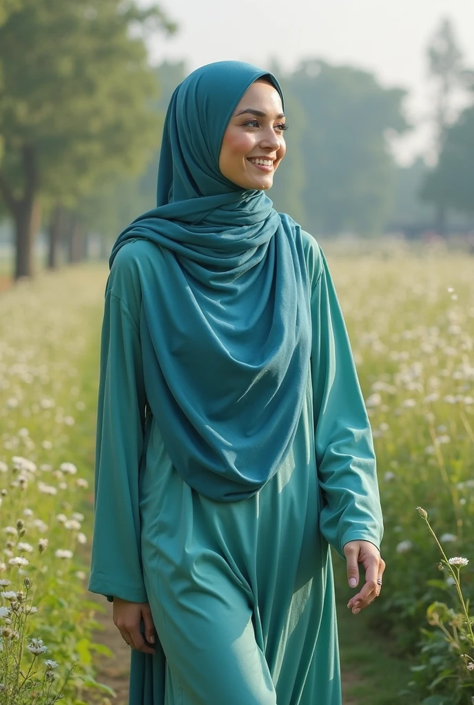 hijabi, Best quality, masterpiece, ultra high res, (photorealistic:1.4), raw photo, 1girl, batik dress, framing by flower field, glowing skin, light smile, low angel, pose as pro 