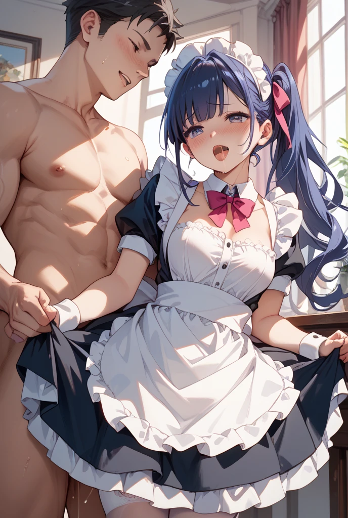 masutepiece, High quality, Extremely detailed,1girl in,  (1boy),  lavender hair, shorth hair), (short-cut, messy hair), (tired hair, braided bangs, Maid headband, (horse ear), black  eyes, (large full breasts:1.3),(thighs thighs thighs thighs:1.1),Torn clothes, White shirt, Screaming, large hands, (doggystyle), ((top down bottom up)), (sex from behind),Hold your arm,(Keep your head down),Grabbing, Pressing,(penis:into pussy),A detailed face,beautiful countenance,beautidful eyes
