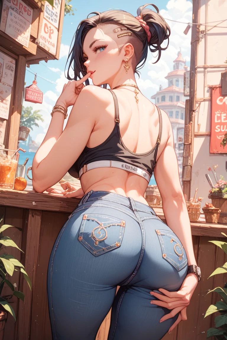 there is a woman in jean shorts posing for a picture, artwork in the style of guweiz, seductive anime girl, character is in her natural pose, beautiful anime girl squatting, guweiz masterpiece, guweiz, photorealistic anime, beautiful alluring, curvy accentuated booty, high heels