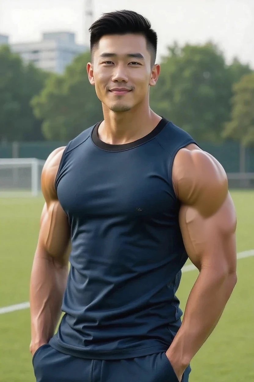 photorealistic, best quality, masterpiece, extremely detailed, sexy, homoerotic, extremely handsome, youthful, 25 year old muscular korean man, fair skin, ((muscular bodybuilder)), ((massive thighs)), wearing tank top and tiny shorts, round bubble butt, very sweaty, looking towards camera, hold out frisbee towards camera, big smile, happy, at park, side view, extremely romantic atmosphere, perfect face, perfect fingers, perfect hands, perfection