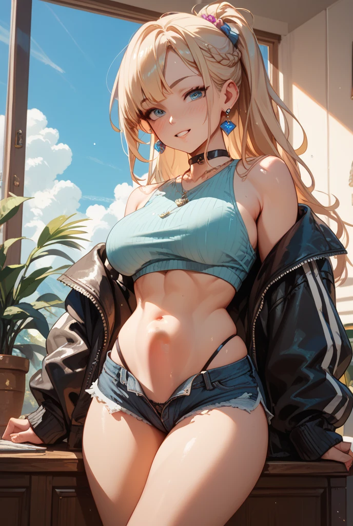 <lora:apstyle2:0.75> apstyle3 apstyle masterpiece best quality detailed eyes masterpiece best quality
1girl, cowboy shot, standing, seductive smile, solo
(civilian clothes:1.2), (exhibitionism:1.5), denim shorts, micro shorts, large breasts, wide hips, thick thighs, shirt
outdoors greenery, sunset, cowboy shot, light smile, sitting, parted lips, (arms behind back:1.2)
<lora:more_details:0.3> ah1  <lora:1651489307798708599:0.2>,  <lora:GoodHands-vanilla:1>