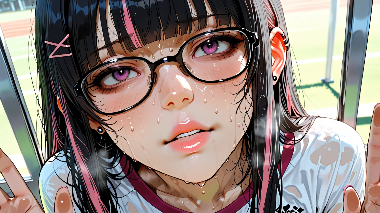 (((masterpiece,Highest Resolution,4K High Resolution,Crisp image quality:)Pussy juice((Beautiful black hair braids,Glasses,)(Beautiful big ,Beautiful nipples,Teaching books,blush,It's so embarrassing)(lipstick),Pubic hair,Tight Skirt,Fishnet tights,sweater((Used medical plastic Cusco speculum inserted deep inside vagina:1.2))(During childbirth),1people,((広げた膣奥から白濁Pussy juice垂れる)Pussy angle from below