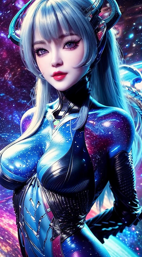 "1 Beautiful girl in traditional dress, ((Wearing a blue shiny tight suit:1.2)), 魔法发Light套装, beautiful cleavage, Long hair with bangs, Light blue mixed with white, ((most beautiful、The finest hair accessories:1.8)), Super cute little face, extremely pretty face, It has two beautiful galaxy blue horns on its head, thin eyebrows, most beautiful、The most perfect face, ((dark circles pupils:0.8)), very beautiful eyes, ((Silvery-brown eyes:1)), Eyeshadow makeup is full of moisture，Extremely eye-catching, Furry beautiful detailed makeup eyelashes, Slim, Well-proportioned limbs, high nose, earrings,thin lips, Light red lips, No laughing, beautiful lips, slender arms, most beautiful的大腿, (2 arms stretched out to both sides: 1.5), healthy limbs, rosy face, clean face, Beautiful face without blemishes, Light滑白皙的皮肤, ((Both breasts are very round and big: 1.6)), (Put girl&#39;s arms behind her back:1.7), Full body of a beautiful girl, 8K photo, super high quality, Surreal, 10x super pixels, 實際photo, dark studio, border Light, two-tone Lighting color, (High detail skin: 1.2), 8K ultra, soft Light, high quality, volumetric Light, frank, photo, High resolution, Light, 最好的photo, 4K quality, 8K, Bokeh, Light滑锐利, 10x imageization, (galaxy background: 1.7), 极Light, Lightning, super graphics, The most realistic graphics, alone, alone, ((frontal portrait:1.6)), extremely sharp, surreal image."