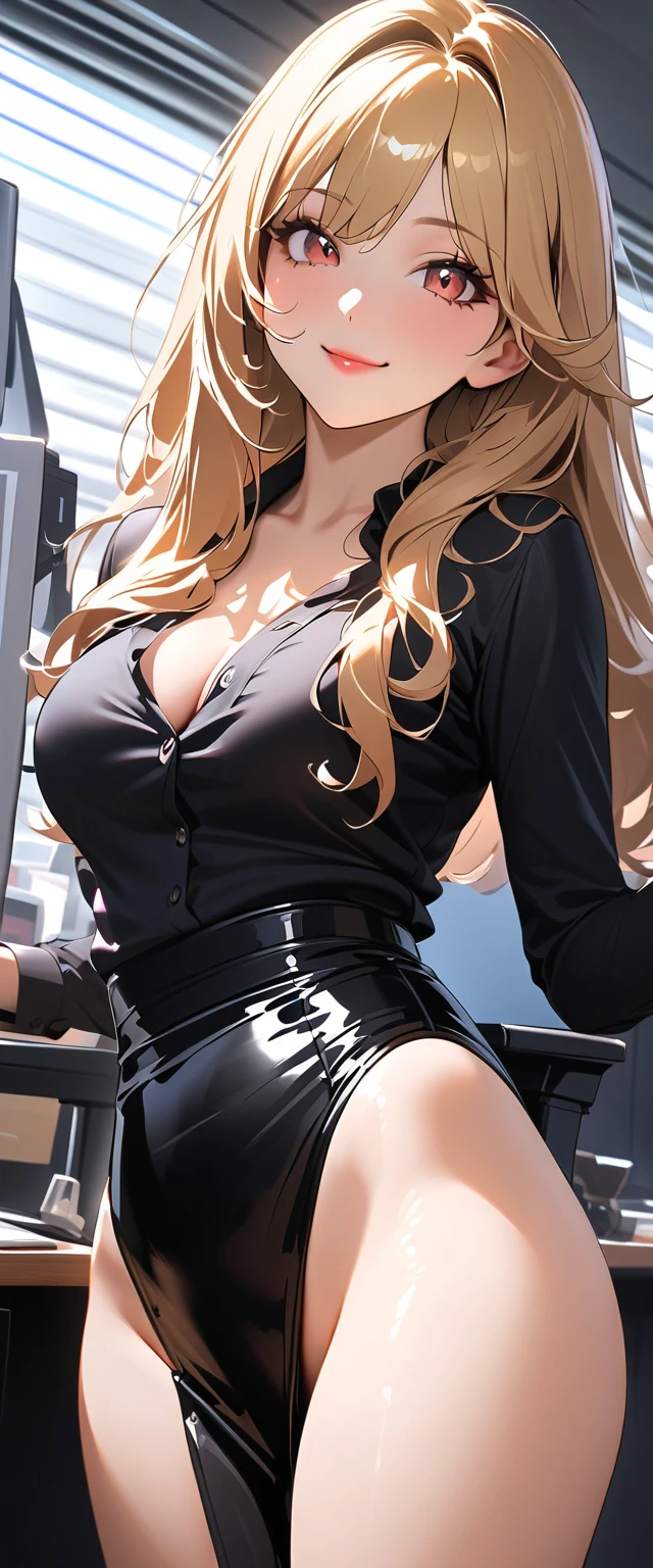 20 year old girl, black office miniskirt, white transparent blouse unbuttoned, Elf&#39;s ears, naked