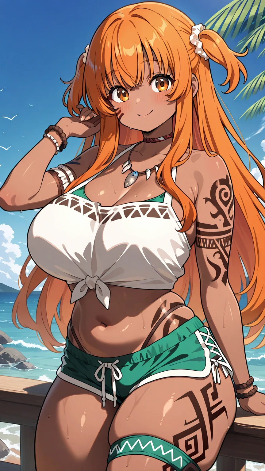detailed background, masterpiece, 4k, best quality, late youth, adult, wrestler body, 1girl, active, energic, uppercut, (large mouth) , solo, nami \(one piece\), 1girl, bangle, (very wet, drenched in sweat, sweat all over body, very wet hair, tired, taking breath, open mouth, hand on stomach, sweaty face, sweaty body, panting, sweating too much, shiny sweat, sweat stains, leaning forward, tilting), perfect detailed face, bold drawing lines, muscular arms, detailed bold arm lines, flat jaw, adult woman, wavy wide streaked bangs, floating bang streaks, (big cheeks), bare shoulders, off-shoulders, belt, bikini, blue sky, bracelet, big round eyes, plain big brown shiny eyes, bubbles, high eye position, cleavage, cloud, day, denim, earrings, floating hair, shiny hair, green belt, black bikini, bold groin lines, jeans, jewelry, log pose, long hair, tanned skin, looking at viewer, wet hair, orange hair, pants, shoulder tattoo, sidelocks, sky, solo, standing, stomach, swimsuit, tattoo , looking at viewer, open mouth, detailed arms, big forehead, hourglass figure, toned body, wide hair, wind effect, sun effect, under the sun, narrow small ears angle, older