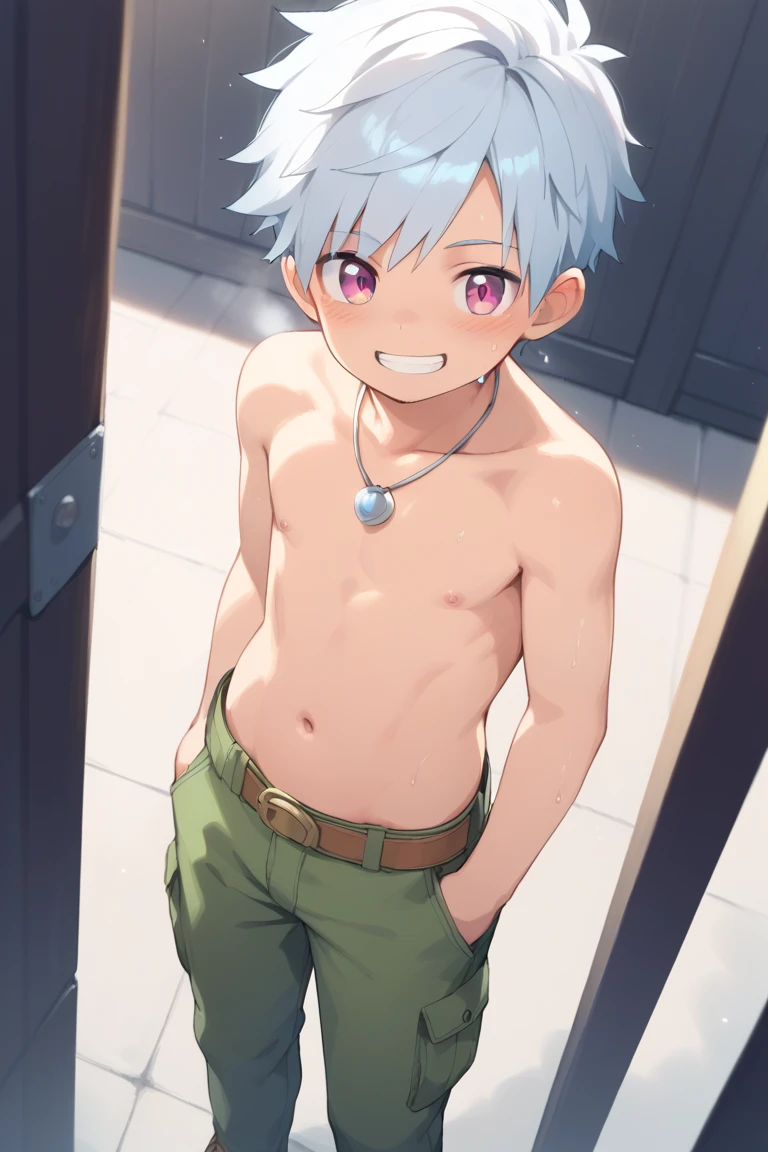 (Masterpiece), (Best Quality), ((Highly Detailed)), Felix from Camp Buddy, short sleeves, gray shirt, green shorts, white-blue neckerchief, slim, full body, male, boy, horny, nsfw, big bulge in the crotch, 4k, 8k, anime style