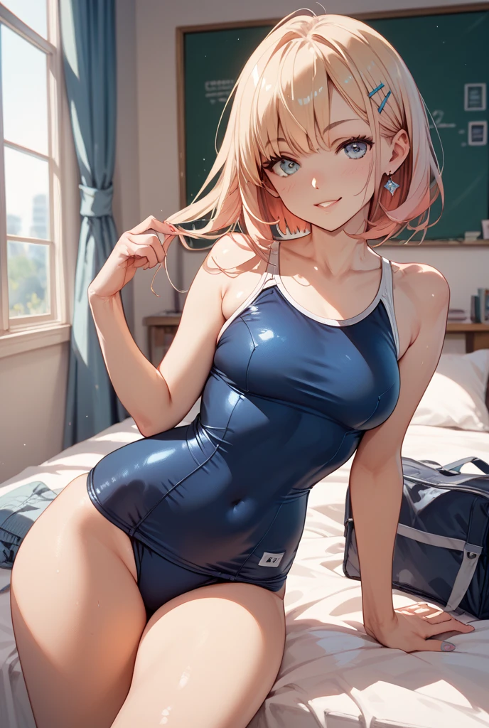 High quality、highest quality、Complete limbs、Ultra high definition、Full Finger、Slender beauty、Pink school swimsuit、Lovely room