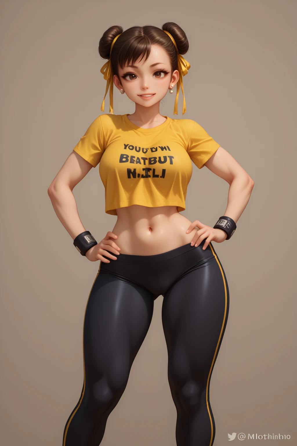 ((Masterpiece, plain background:1,2, masterpiece)) full body standing yellow tiger print stockings, hands on waist, navel (Karane) (blue eyes:1.5) orange hair, hair between eyes, long hair twintails