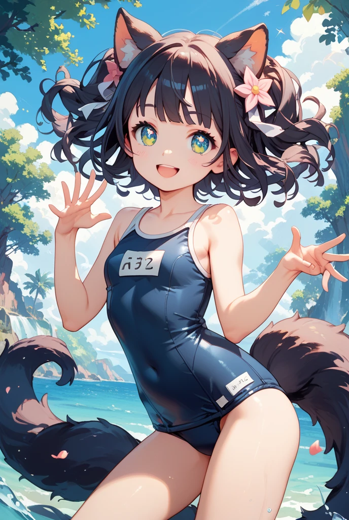 flat color,(one girl,japanese,She is posing for the camera,16yo,((cute Paw Glove:1.5)),Cat ears headband,detailed face,BREAK (darkblue wavy-short hair),parallel eyebrows,eyes with large irises,smile,small breasts,,very happy, BREAK, (paw pattern swimsuit),fullbody,at poolside,catwalk,