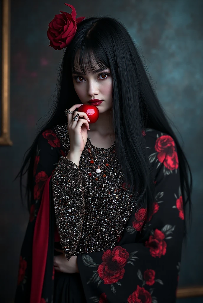 a beautiful woman with long black hair growing with devil horns The devil's hair ornament is made of roses、The necklace is dangerous々wearing a black kimono