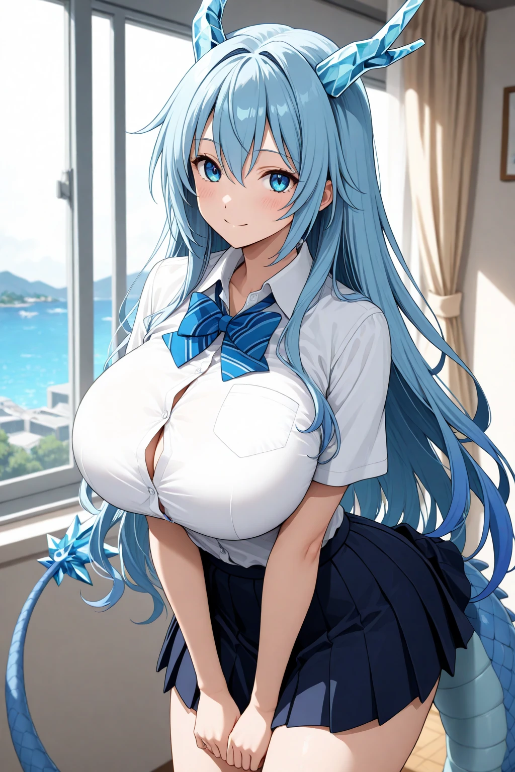 My name is Yukiko.I am a white test woman with long Sky blue hair,red eye color.I am 1.62 cm tall . My breasts measure 200 cm, my waist 40 cm and my hips 200 cm. Dressed in a low-cut white shirt and a short black skirt . With big breasts 200 cm