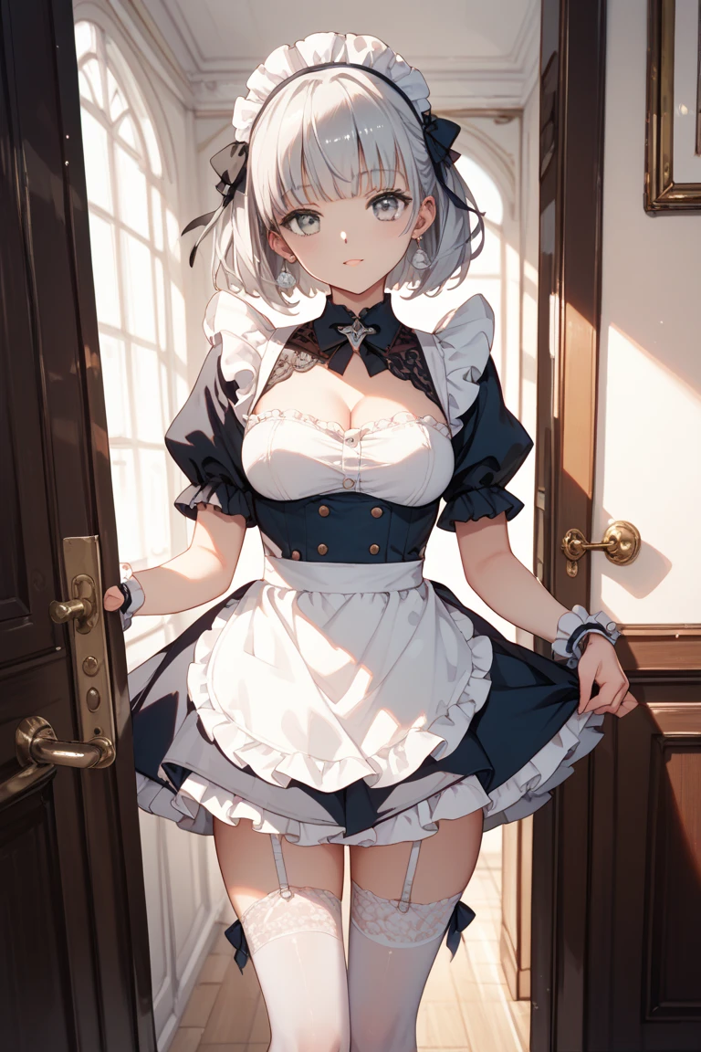solo, Female, Manga, Japanese, Anime, Pastel, silver hair, (short cut), high school girl, ((tareme)), [big eyes], black iris, light blue eye, tall, [[curvy]], japanese idol,  cleavage, ((masterpiece)), ((high resolution)), ((best quality)), (ultra-detailed), ((extremely detailed)), hairband、gothic lolita,fine-grained cloth ,frilled mini skirt,puffy sleeves,juliet sleeves, hairband,skirt lift
