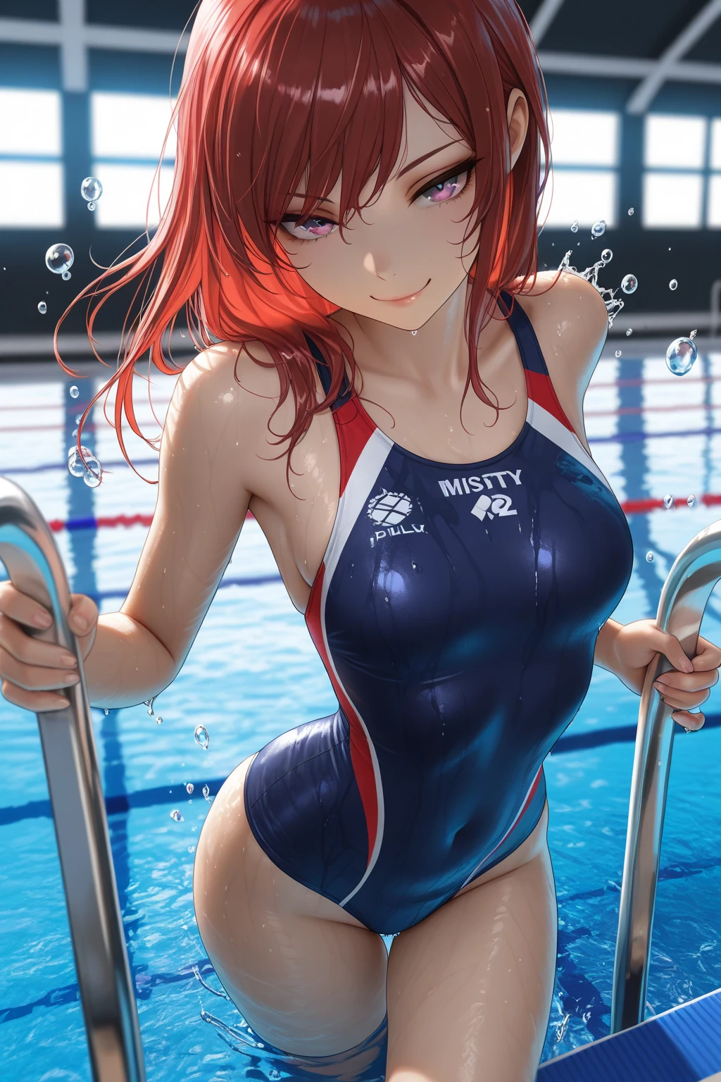 low angle shot,shoot down and up,sit down and spread your legs、Emphasis on the crotch,actual、Super high chroma、8k,Long red hair(((30 year old woman)))、((((She was wearing a red and blue competition swimsuit。))))、competitive swimmer、big breasts、Thick thighs、Pay attention to muscle development。競泳プールolympic Comcompetitive swimmerics stadium, Highly detailed face and skin textures,(natural cheeks, skin shiny, White skin,Sweating 1.0、(((vitality)))